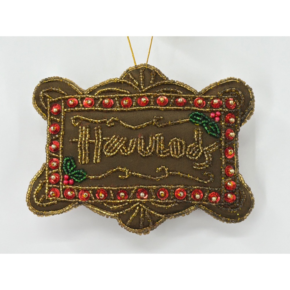 Vintage Harrods London Beaded Sequin Christmas Ornament Brown Gold Red Holly